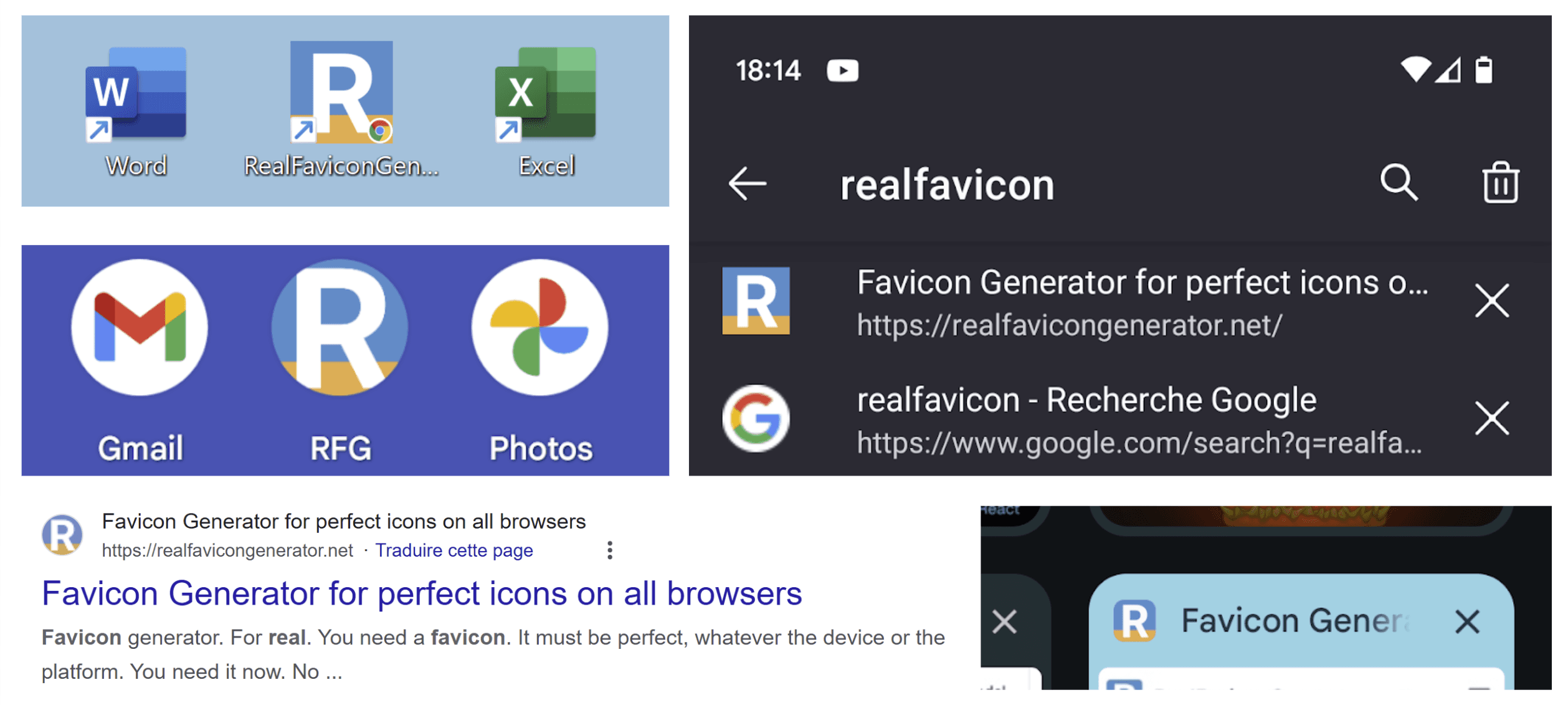 Several examples of favicons: in bookmarks, in Google result pages...